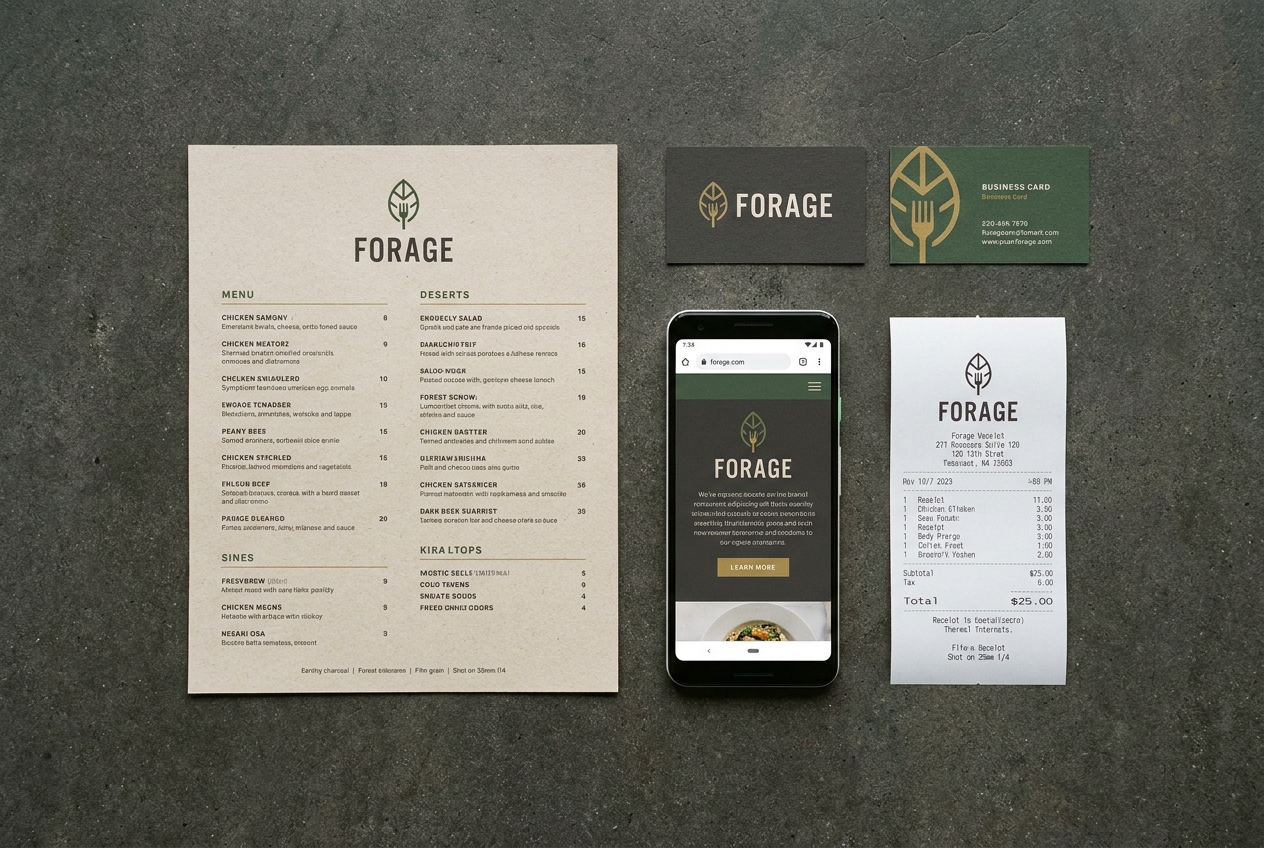 A restaurant brand system — menu, business card, website, receipt