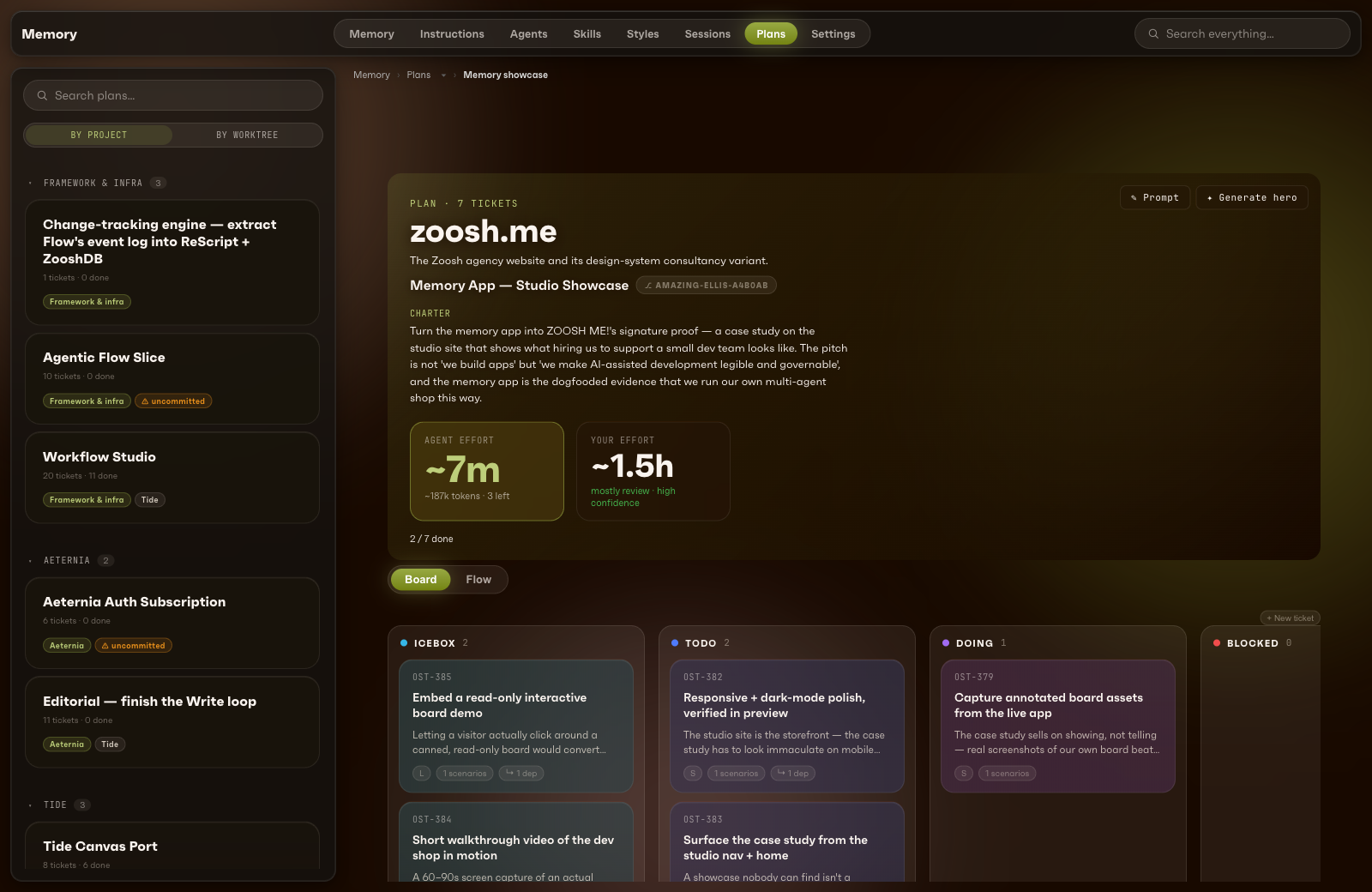 The memory app plan board — status-tinted tickets under a generated editorial hero