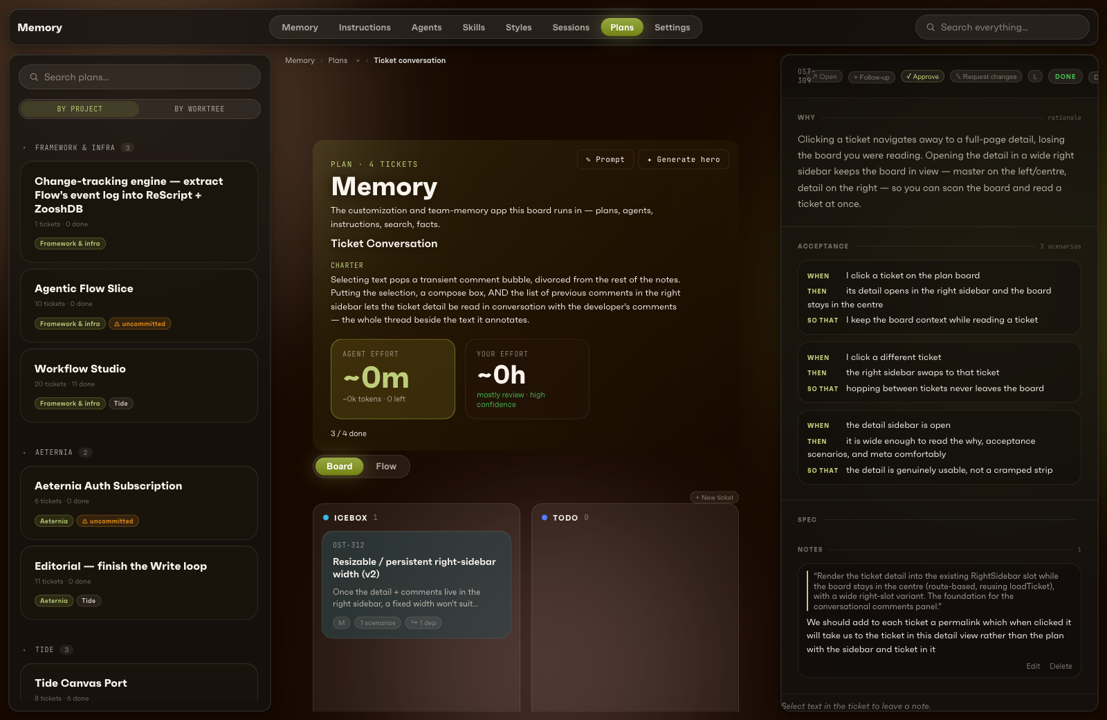 A ticket open in the right-rail detail, showing rationale, acceptance criteria, a review verdict and a developer’s note